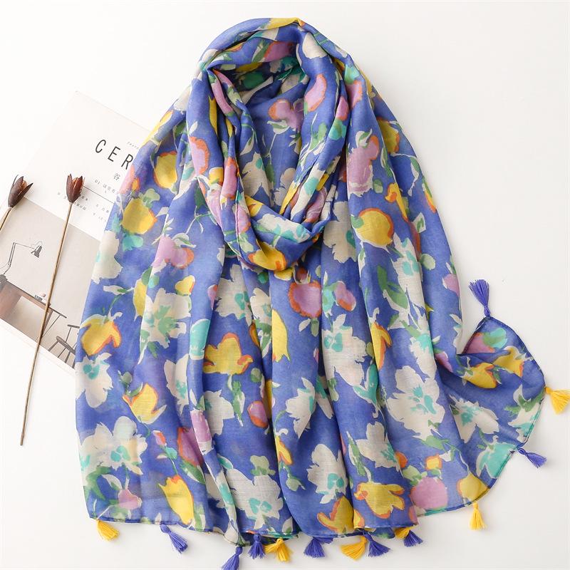 Bali Yarn Cotton-Linen Scarf: Fresh Solid Color, Fruit Green & Bright Yellow Leaf Print with Tassel Detail