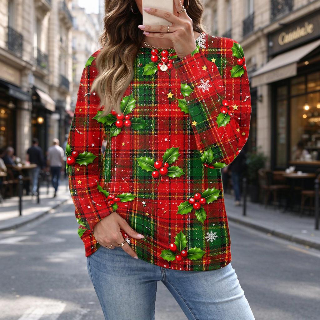 Women's Christmas Print Neck Top Casual Versatile Holiday Shirt for Everyday Wear