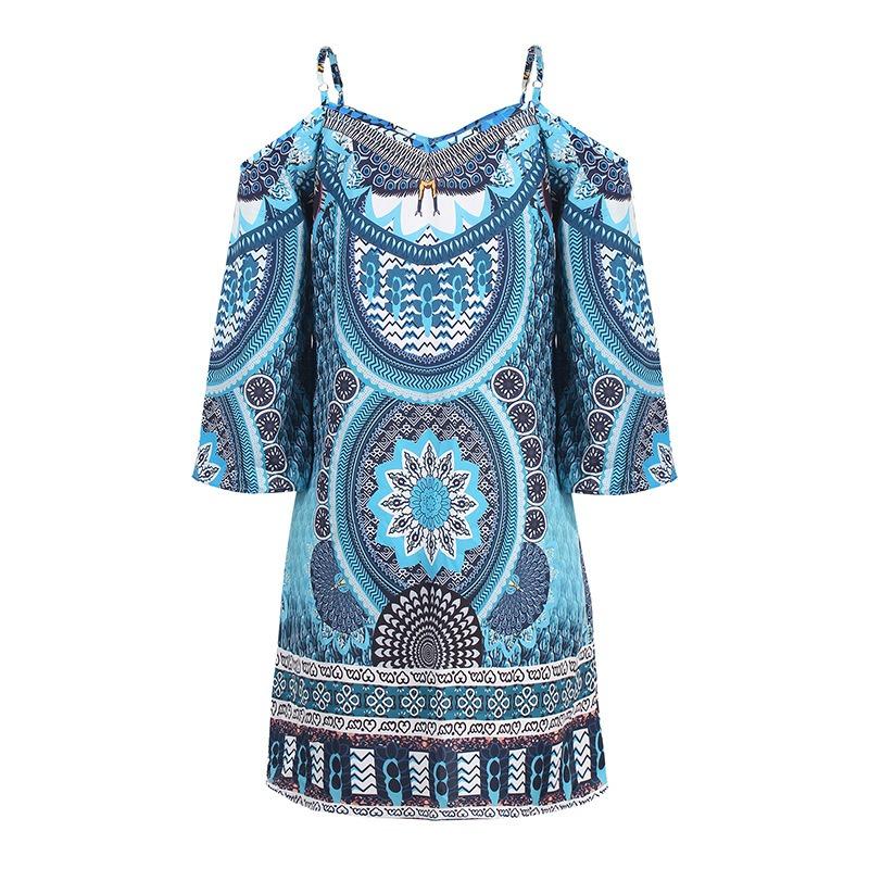 Women's Printed Round-neck Hollow-out Short-sleeved Off-the-shoulder Sexy Halter Dress