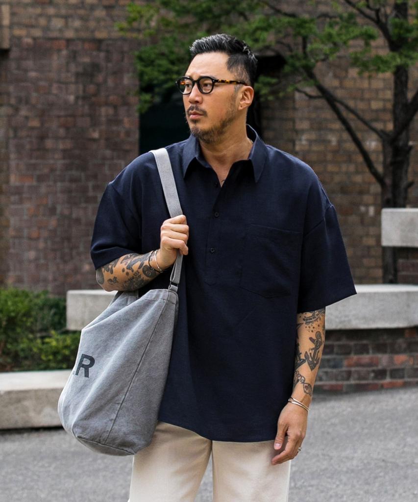RUGGED HOUSE Light Wind Half-Open Oversized Short Sleeve Shirt Navy