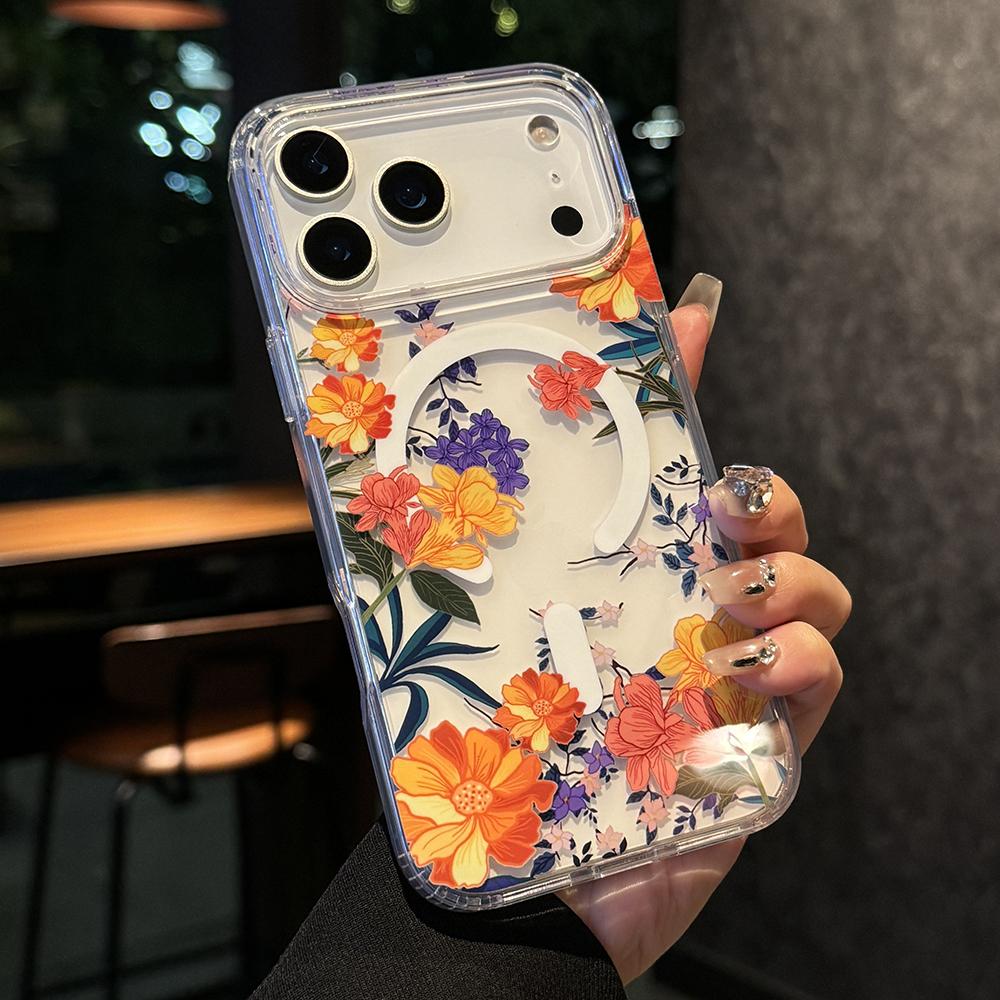 Flowers Element Design Transparent Magnetic Case for iPhone 12 16 15 14 13 17 Pro Max Air Wireless Charging For Magsafe Cover