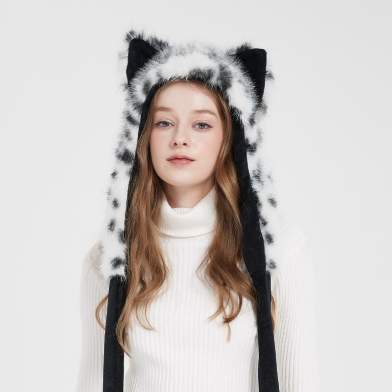 Favorable Price Faux Fur White Wolf Cat Ear Hooded Scarf Hat Plush Animal Ear Hat with Scarf for Cosplay Halloween