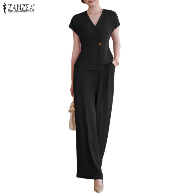 ZANZEA Kadın Kısa Kollu Bluz ve Pantolon Günlük İki Parça Takım Setleri