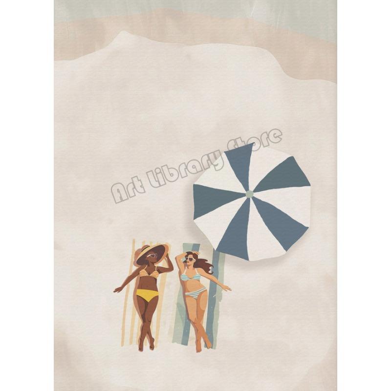 Retro Minimalist Beach Figure Swimming Surfing Poster Canvas Painting Wall Art Pictures Home Beach House Bathroom Decor