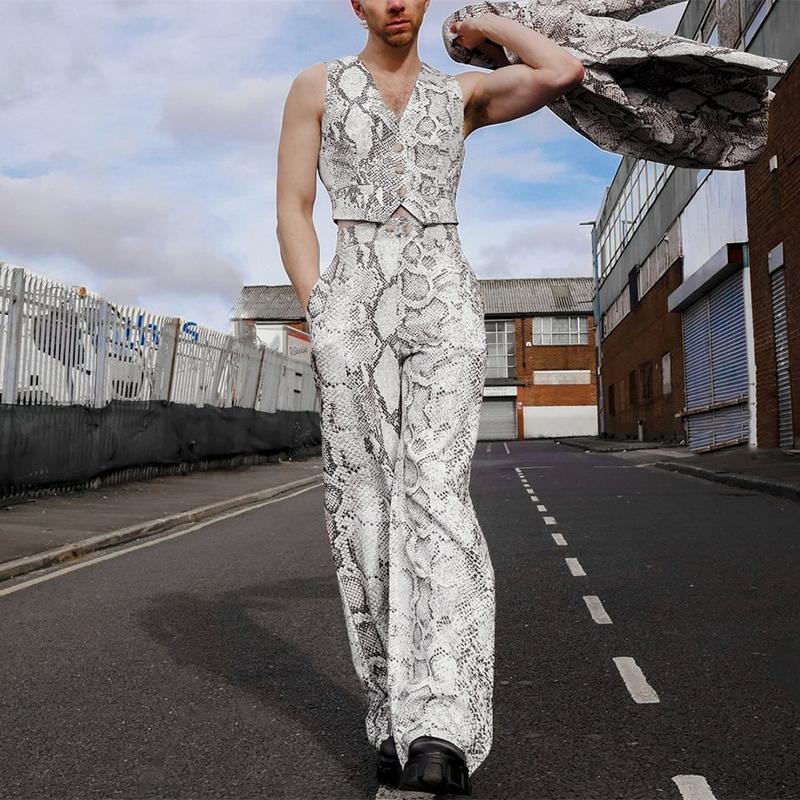 

INCERUN Летний мужской костюм из 2 предметов с принтом, укороченные топы без рукавов, длинные брюки, одежда