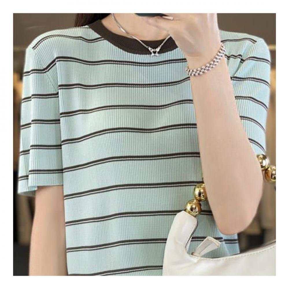 Navava Thin Short Sleeve Round Neck Stripe Knit Nk2093