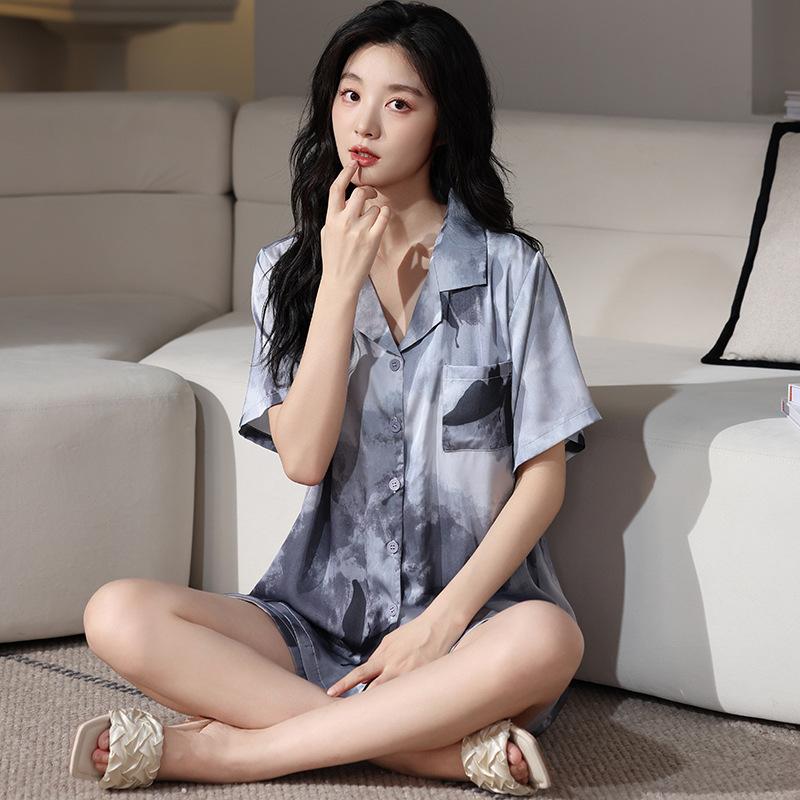 Premium Pajamas Women's Summer Ice Silk Short Sleeves Fat Mm Ice and Snow Silk Simulation Silk Suit New Chinese National Style