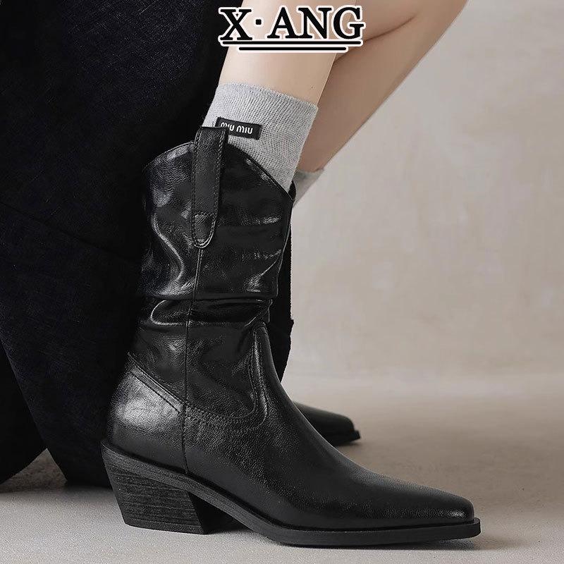 Cowhide Edition Mouth Stacking Boots Thick Heel Skinny Medium Boots Martin Boots Children's Knight Boots Pointed Western Cowboy Boots