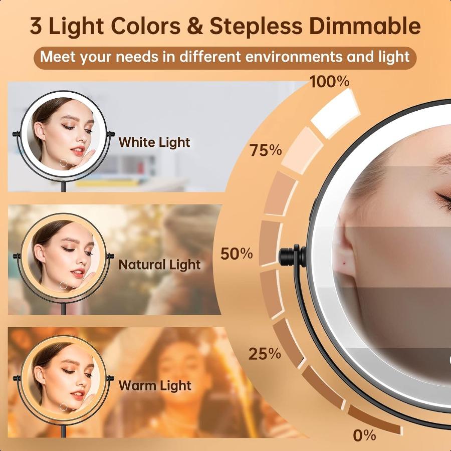 7 Lighted Makeup Mirror with Magnification 10X 1X Height Adjustable 3 Color Dimmable Lights 360 Swivel Double Sided Light Up Re