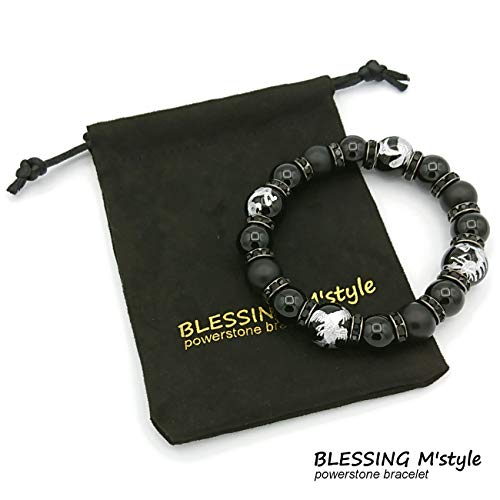[BLESSING M'style] Natural Stone Power Stone Bracelet, Four Gods Bracelet, Morion, Matte Onyx, Silver-Engraved Onyx, Includes Luxury Suede Drawstring
