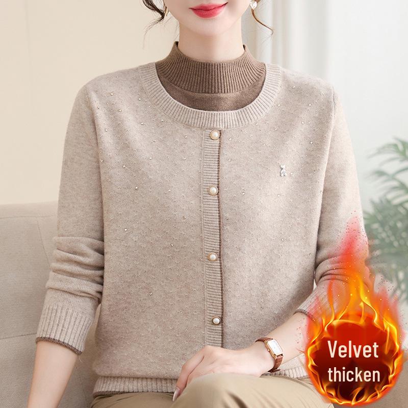 Mom's 2025 Winter Faux Two-Piece Knit Top: Stylish, Warm, Plus Velvet Thickened Sweater for Autumn & Winter