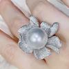 Huitan Gorgeous Flower Design Women Ring Full Bright Cubic Zirconia Elegant Wedding Party Imitation Pearl Accessories Jewelry