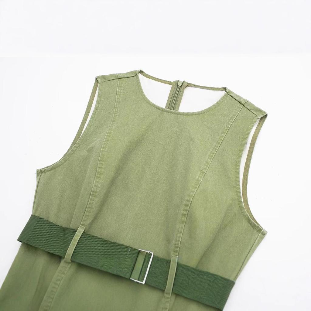 Spring European & American Style Mini Vest Dress with Waist Belt Details