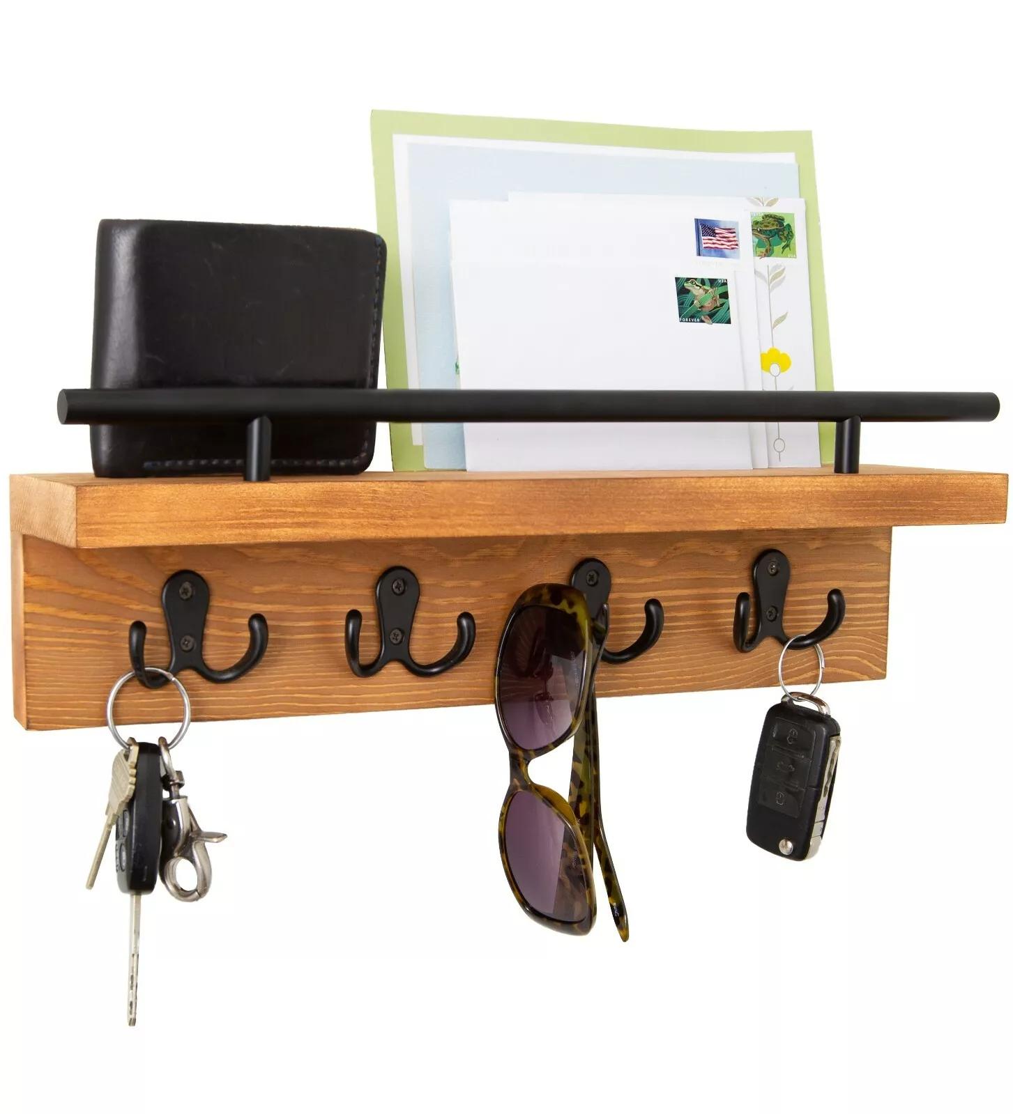

Держатель для почты и ключей на стену, декоративная деревянная настенная полка с крючками, настенная, идеально подходит для прихожей, гостиной, кухни коричневый