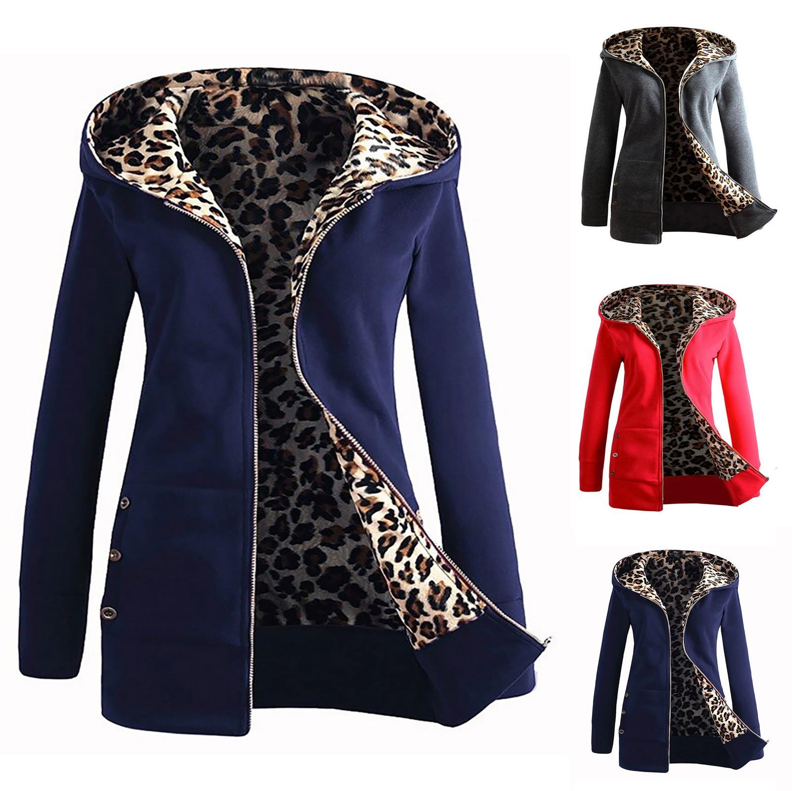 

Women Plus Velvet Thicker Hooded Sweatshirt Leopard Zipper Coat Overcoat Outwear