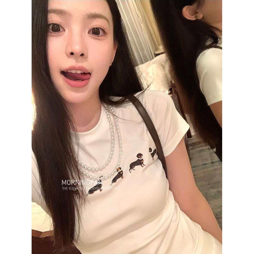 

Playful necklace, puppy print short-sleeved T-shirt, women s summer new Korean slim-fitting and thin design top M