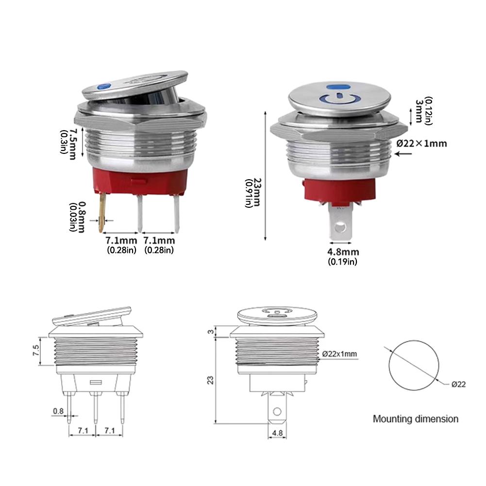 22mm Metal Car Toggle Switches Button Rocker Switch Stainless Steel 12V 20A Self-locking Two Positions ON-OFF 3 Pins