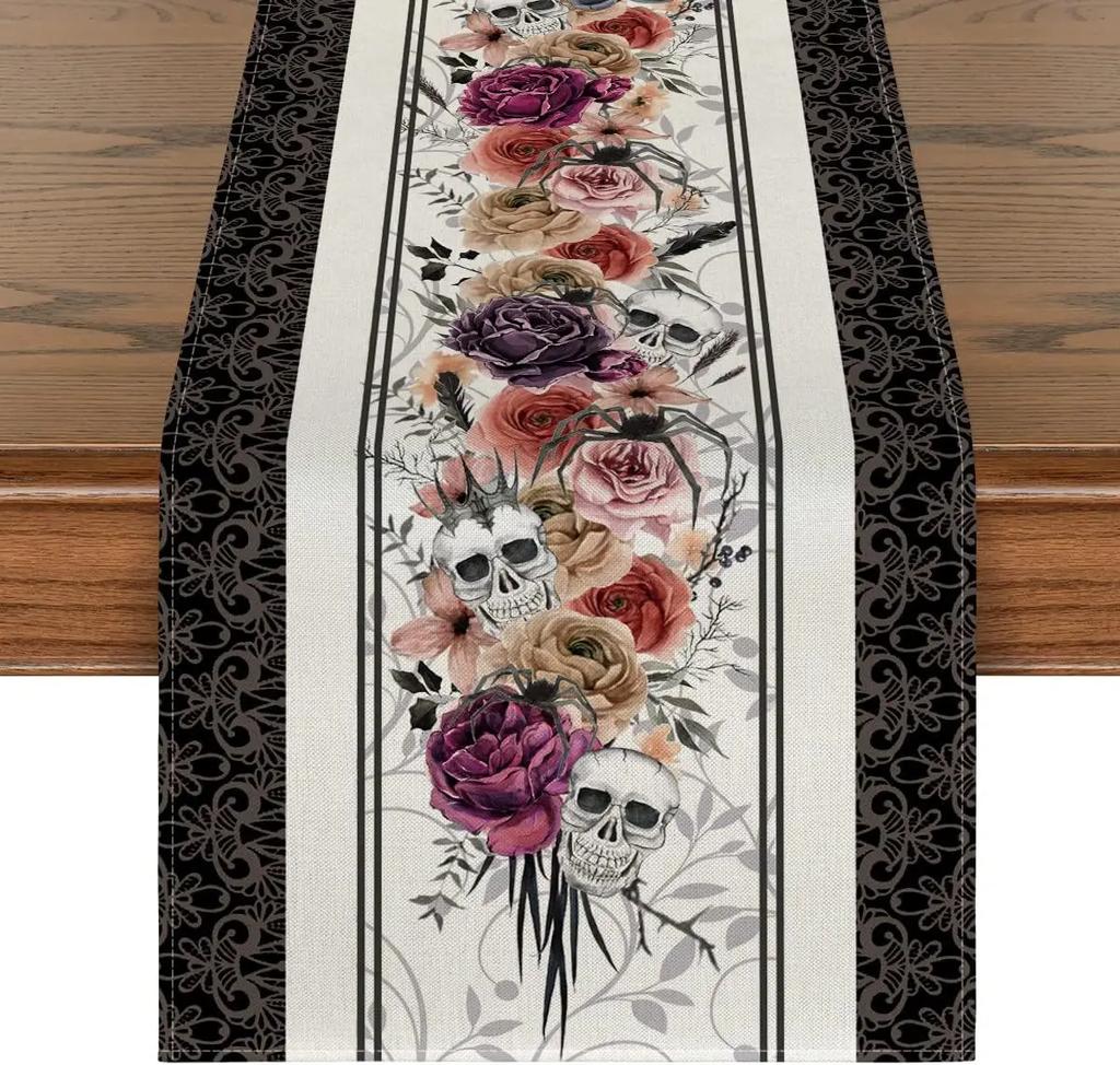 Linen Halloween Table Runner Pumpkin Spider Web Skull Dining Table Decoration Scary Table Cover For Halloween Dinner Party Decor
