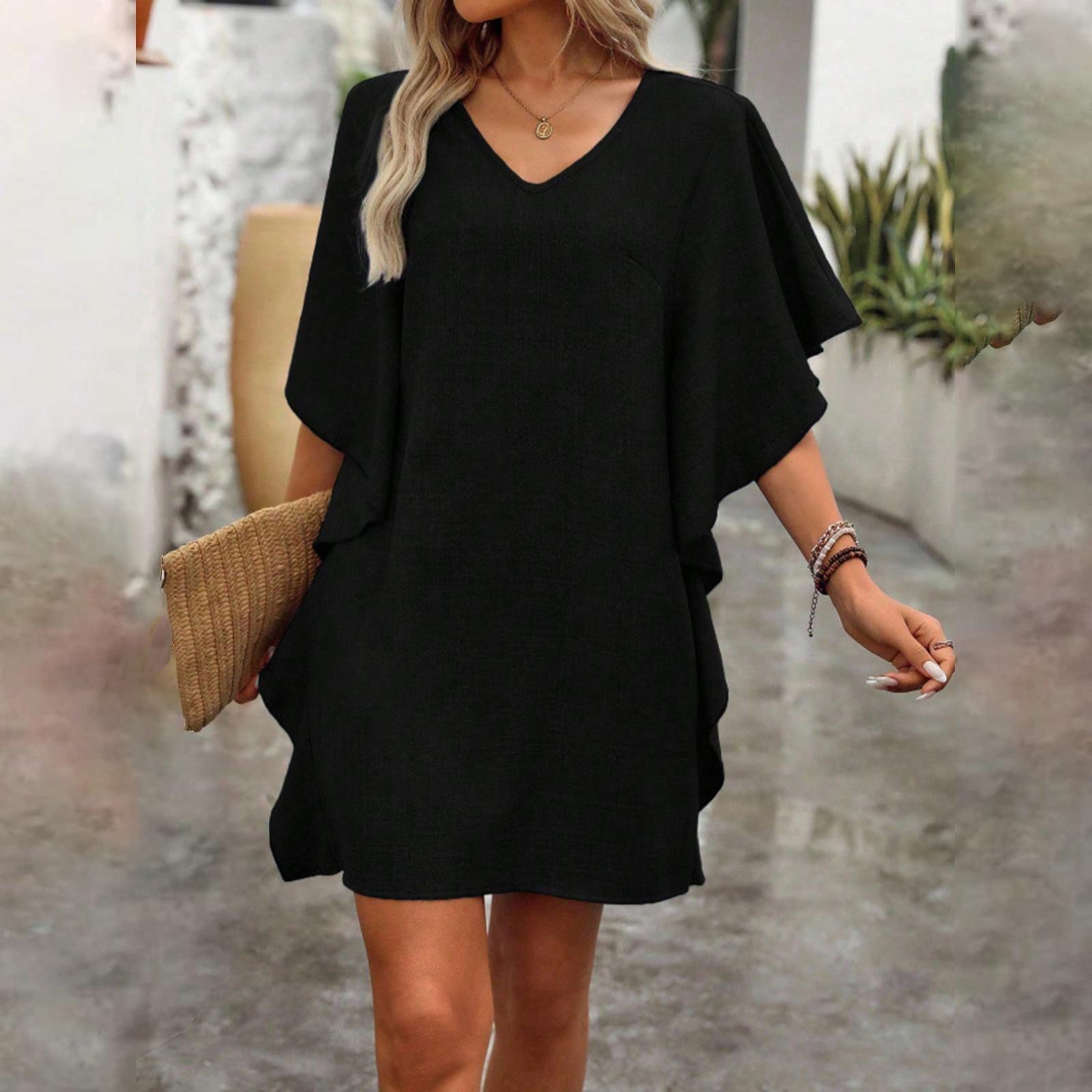 Women s Color Loose-fitting V-neck Dress With Ruffled L