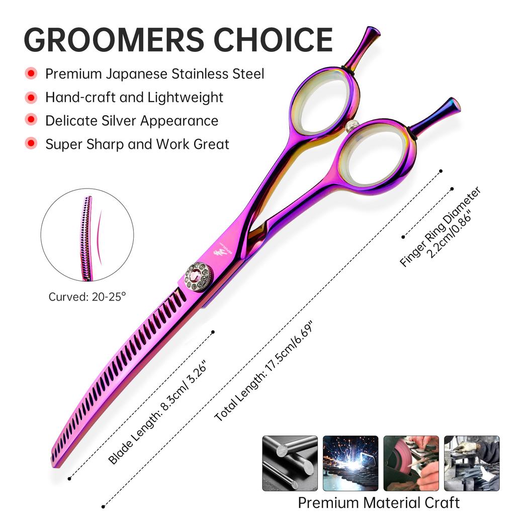 7.0 inch JP440C pink dense tooth curved tooth cosmetic scissors curved scissors, pet trimming scissors curved tooth scissors