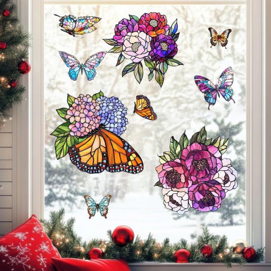 Naklejka na okno z motywem kwiatów i motyli, dwustronna, usuwalna, wodoodporna, z PCV, statyczna naklejka na szkło z motywem kwiatowym, dekoracja do domu, biura, naklejka