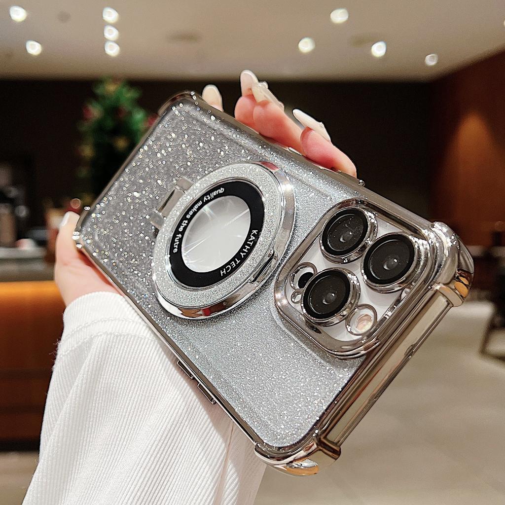 Applicable To iPhone17Pro Airbag Anti-drop Mobile Phone Case Glitter Magnifying Glass Magnetic Suction Bracket Apple 16 New