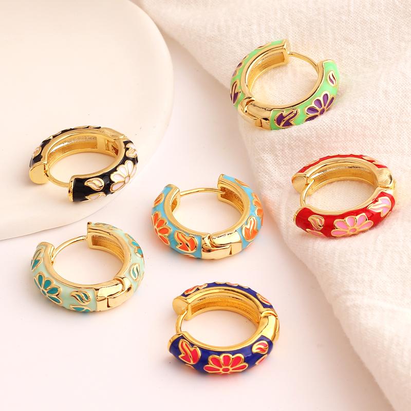 Vintage Enamel Flower Chunky Hoop Earrings For Women Retro Metal Geometric Circle Small Statement Earrings Party Jewelry Gift
