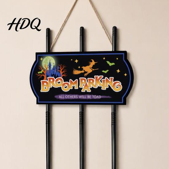 Halloween Door Hanging Sign Broom Parking with 3 Witch Brooms Hocus Pocus Themed Wooden Sign Easy Festive Wall Art Funny Pendant for Front