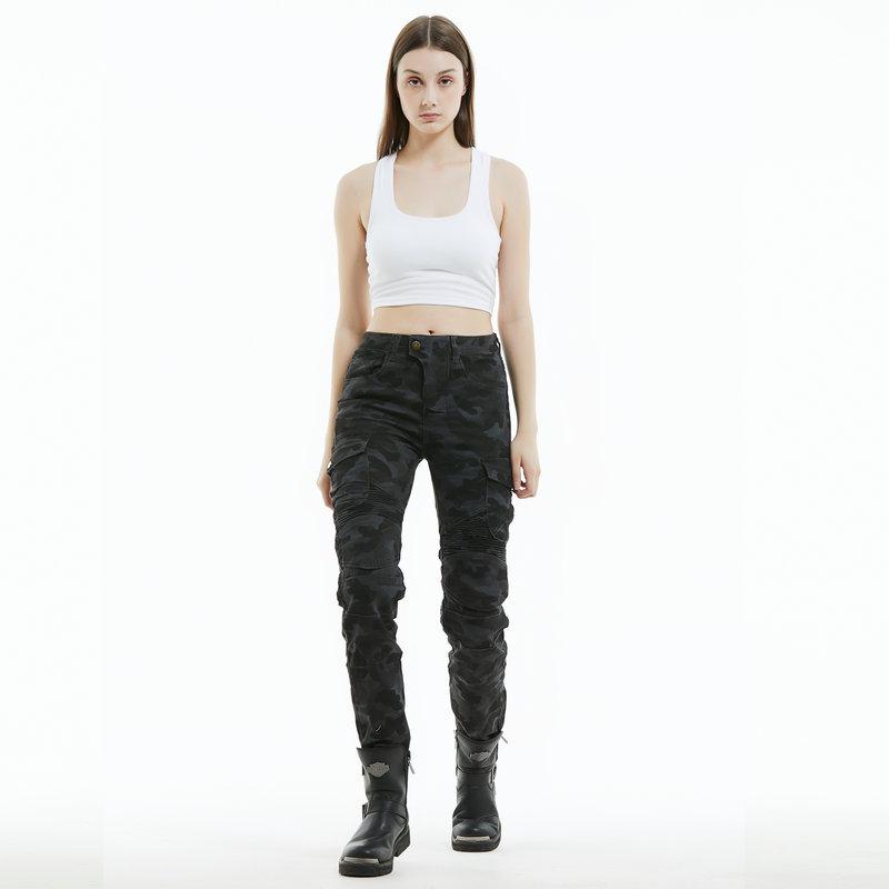 Pantalones de montar para mujer elásticos anti-caída, mono azul camuflaje multi-bolsillos para motocicleta, equipo de protección de silicona