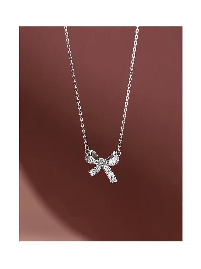 S925 Sterling Silver Bow Necklace - Elegant Women's Clavicle Chain Pendant for 2024