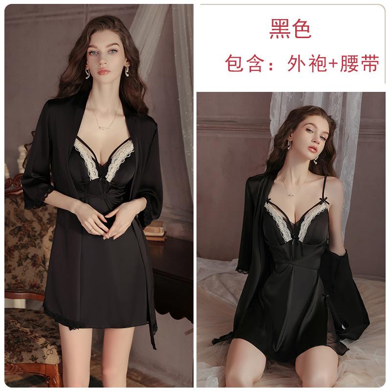 Women's Satin Deep V Padded Sleep Dress with Open Front Robe Lounge Set