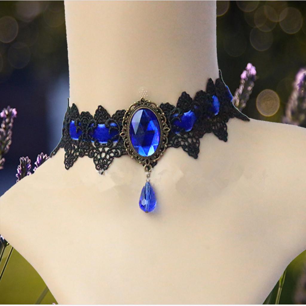 Buy Gothic Victorian Vintage Black Lace Blue Gemstone Choker Necklace ...