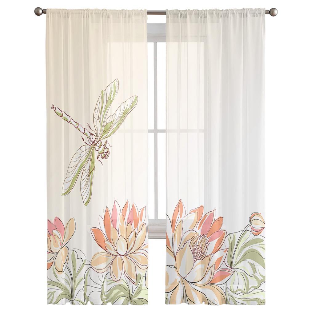 Cartoon Libelle Lotus Blume Sheer Vorhänge Wohnzimmer Fenster Tüll Vorhänge Für Schlafzimmer Küche Home Dekoration Voile Vorhänge