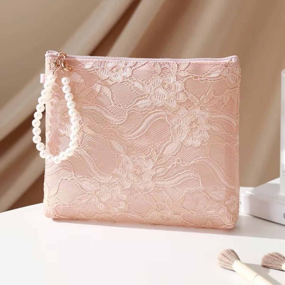 New Portable Lace Cosmetic Pouch Multifunctional with Imitation Pearl Chain Makeup Bag Wallet Travel Organizer