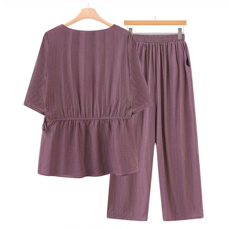 Extra Wide Plus Size Women's Summer Two-Piece Outfit: Loose Fit Clothing for Middle-Aged and Elderly