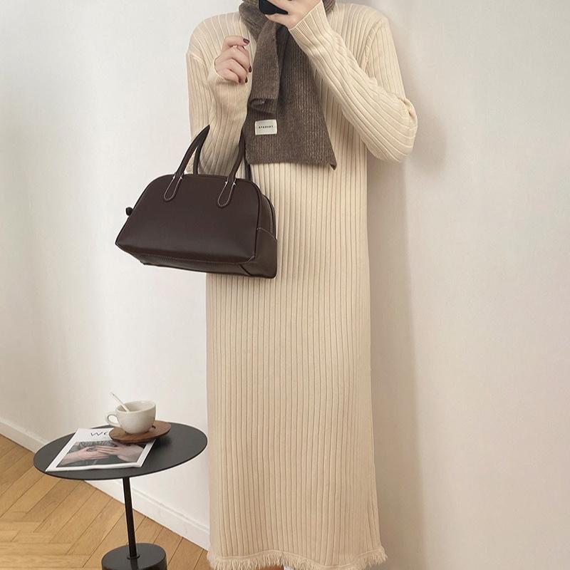 Mid-length Pullover Sweater for Women's Autumn and Winter Half Turtleneck Knee-length Knitted Dress Solid Color Casual Sweater Dress