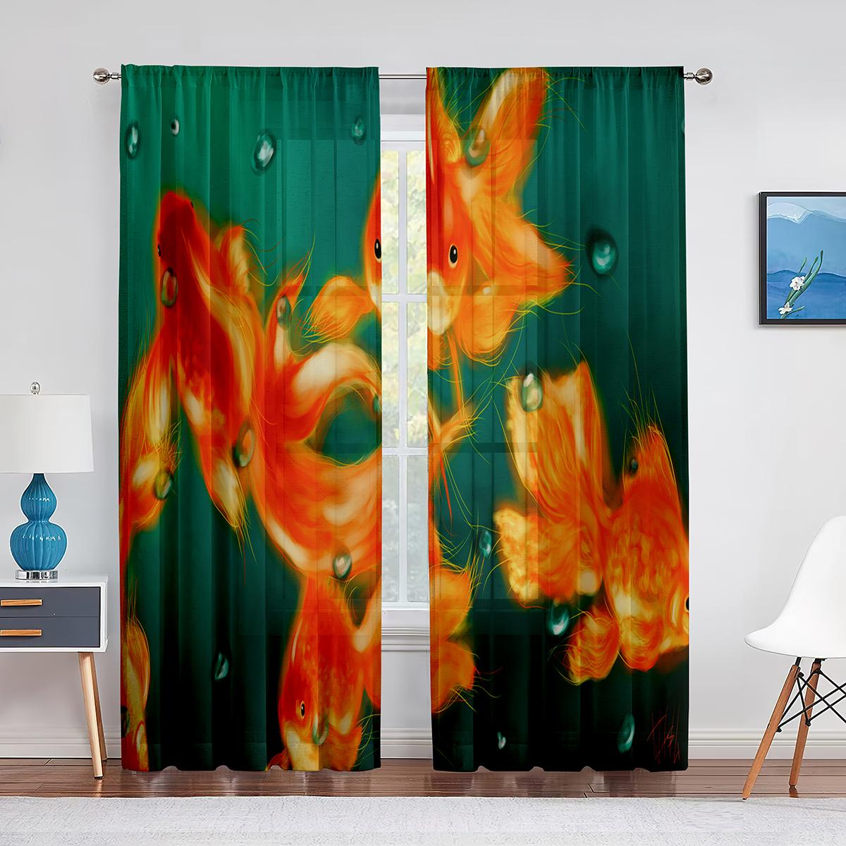 Пруд Золотая рыбка Цветы Листья Красочные прозрачные занавески для гостиной Спальня Вуаль — фото 9