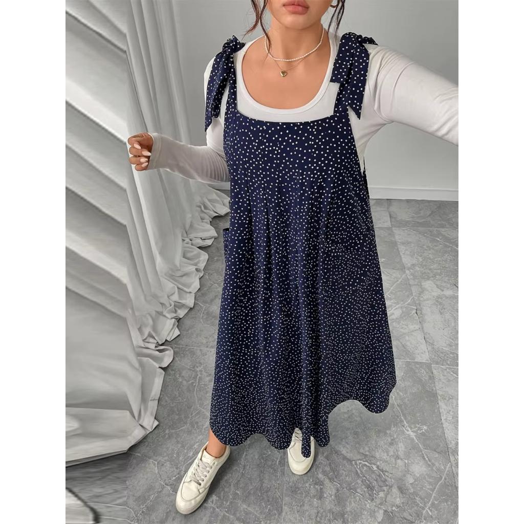 Plus Size Solid Tie Shoulder Overalls Dress For Women  Summer Casual Loose Sleeveless Maxi Long Dresses with Pockets