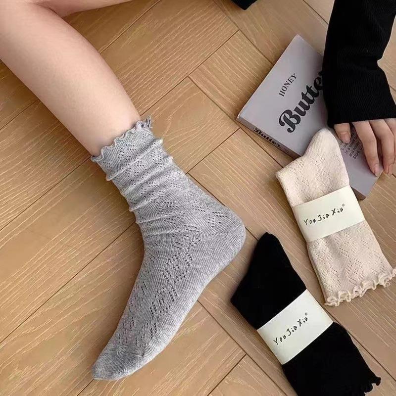 Spring, Autumn and Winter Retro Breathable Mid-calf Pile Socks for Women with Hollowed-out, Moving Loop Mesh Lace, White