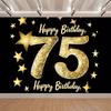 Happy 75th Birthday Golden & Gold Design, 1pc Polyester Party Backdrop Banner, Photo Booth Background, Wall Decor