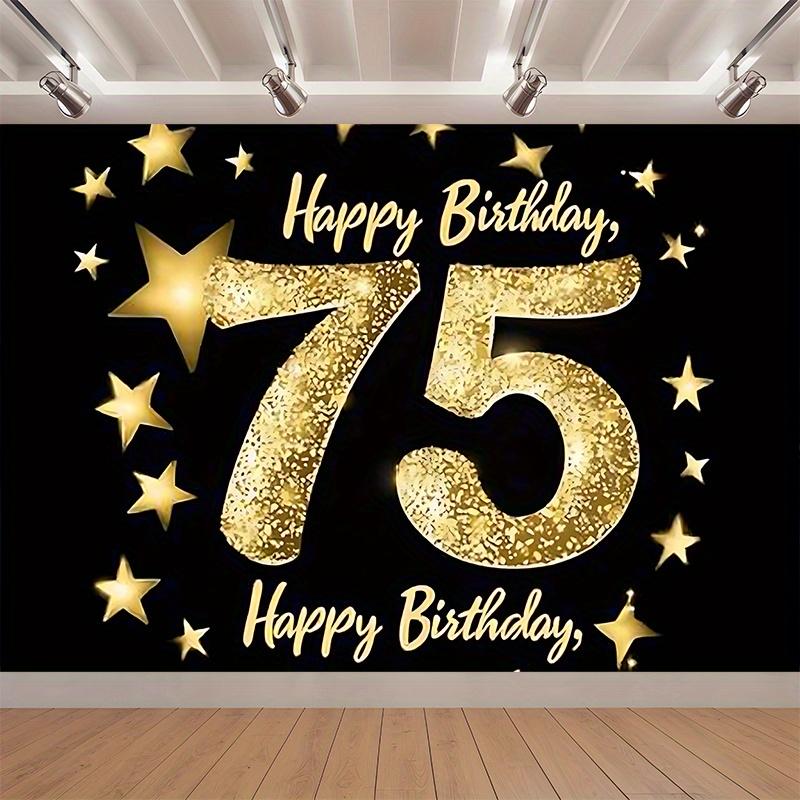 Happy 75th Birthday Golden & Gold Design, 1pc Polyester Party Backdrop Banner, Photo Booth Background, Wall Decor