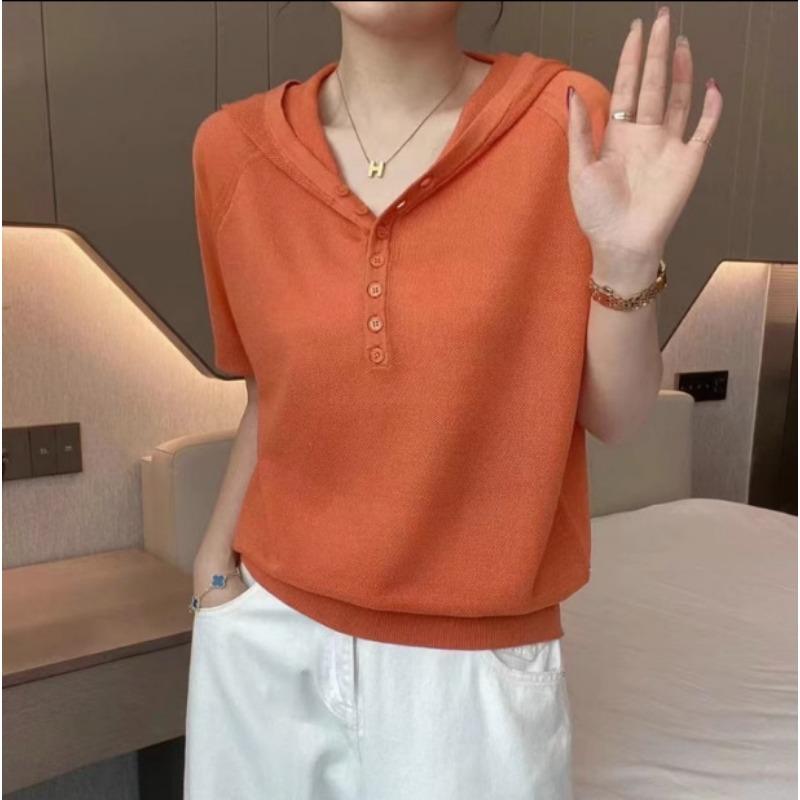 

Summer Hooded Knitted T-shirt Women s Loose Ice Silk Top Knitted Sweater Thin S оранжевый