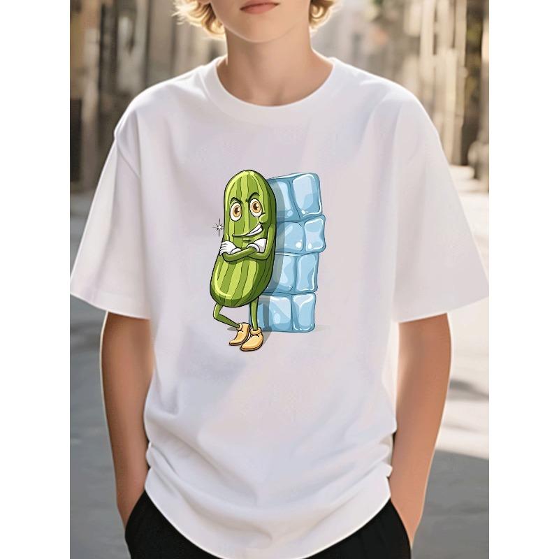 European sizes T-Shirt Boys Clothing Casual Trendy Cartoon Pickle Ice Block Pattern Kids Wear for Boys Ages 5-13 Daily Wear