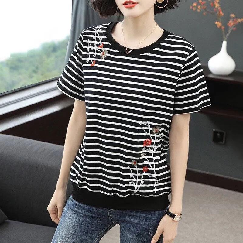 T-shirt for Women Summer Large Size Cotton T-shirt Soft Loose Striped Casual Comfortable Pullover T-shirt Top
