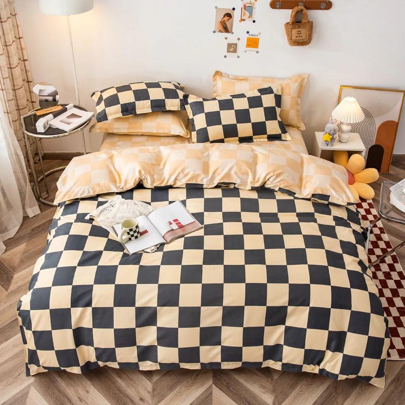 3PCS Single-sided Printed Bedding Set ,Comforter Black And White Plaid  Grid Duvet Bedding Cover Pillows Comfortable Bedspreads