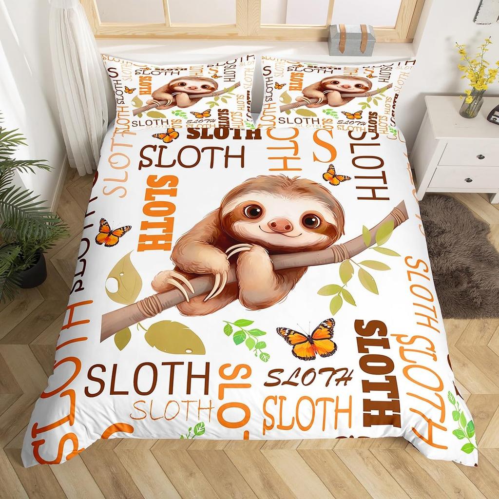 Cute Sloth Duvet Cover Watercolor Floral Bedding Set Lovely Jungle Animal Comforter Cover Twin King Kawaii Sloth Bedspread Cover