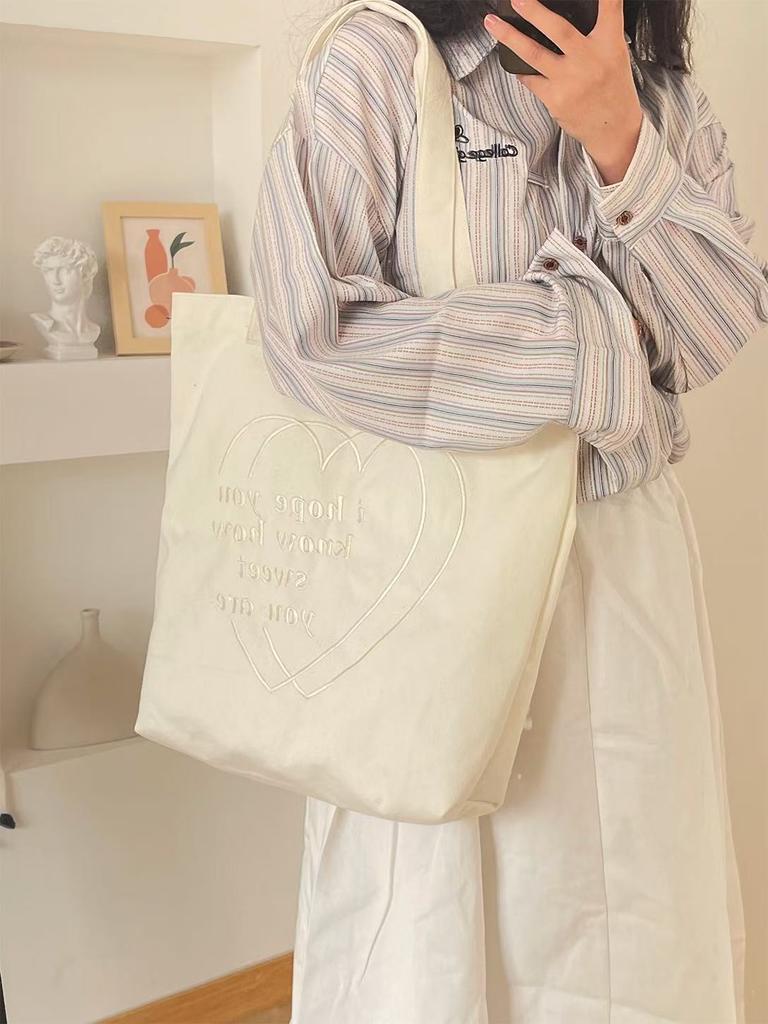 Korean Ins Style Canvas Bag Heart Embroidery Large Capacity Tote Bag For School And Commute Women's Shoulder Bag