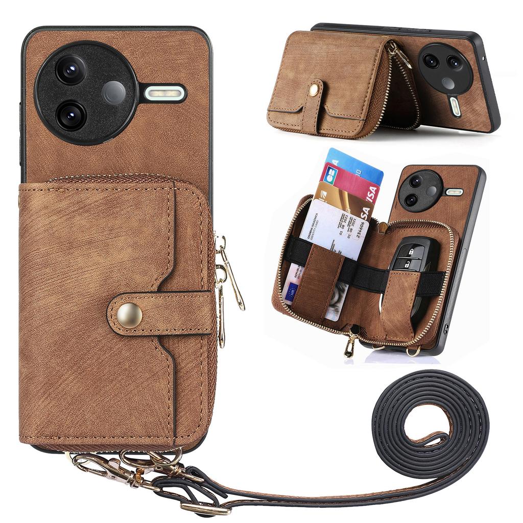 For Xiaomi Poco F7 Pro 5G/Xiaomi Redmi K80 5G PU Leather Phone Back Cover with Zipper Card Holder and Long Strap