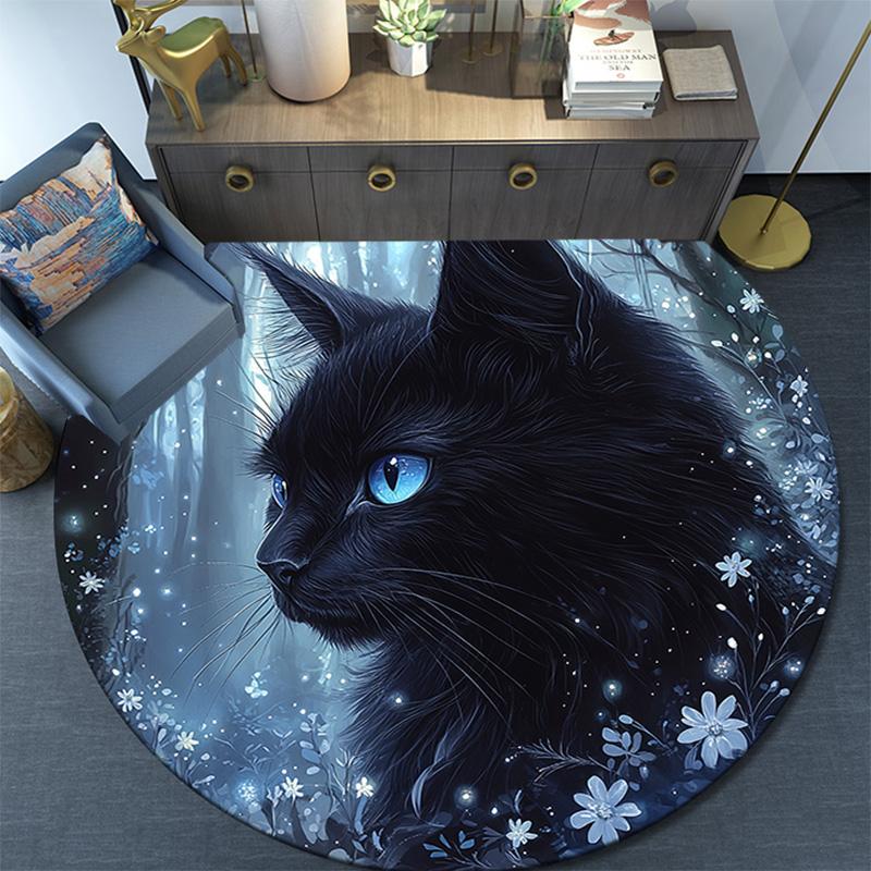 Magical Black Cat Round Area Rug,Carpet Rug for Living Room Bedroom Sofa Playroom Decor,Non-slip Floor Mat