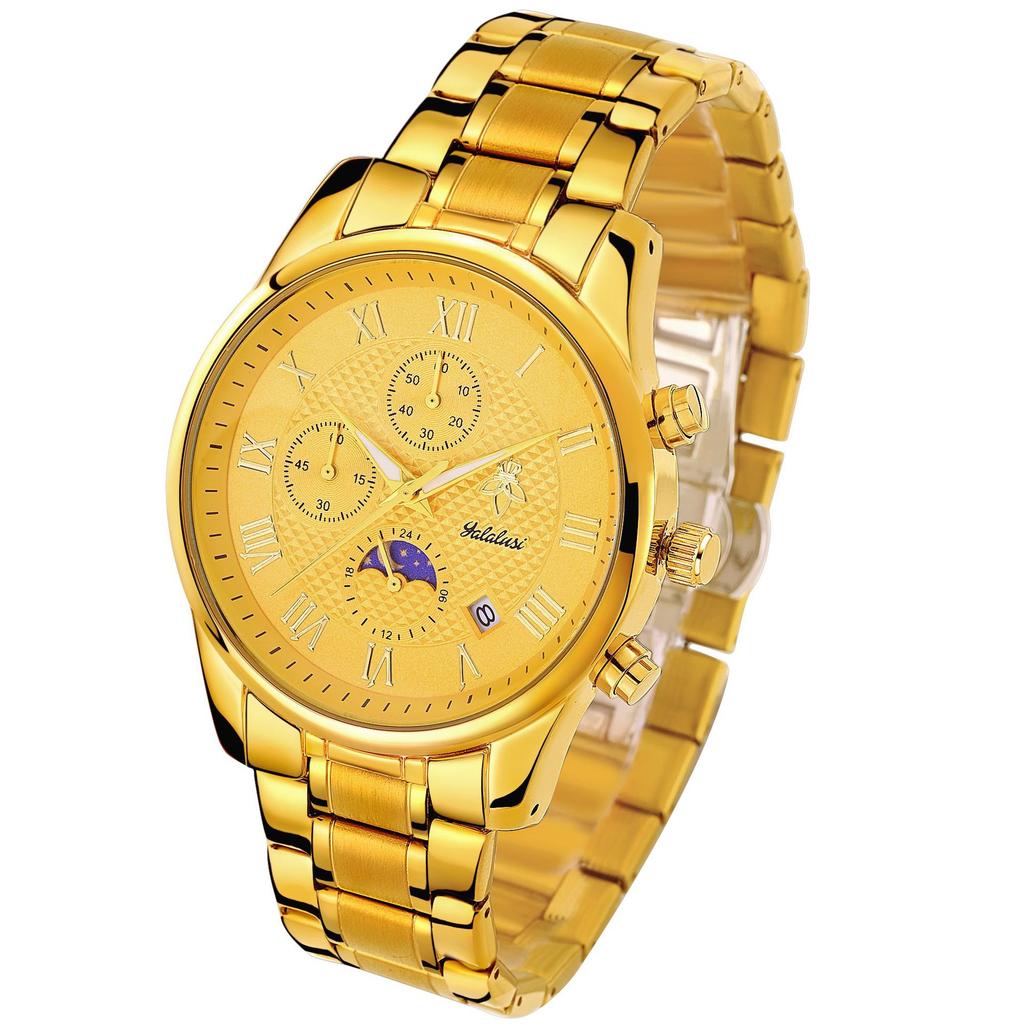 Yalalusi Luxury Gold Shell Roman Scale Multi-Function Men'S Watch, Three-Eye Chronograph Waterproof Business Watch